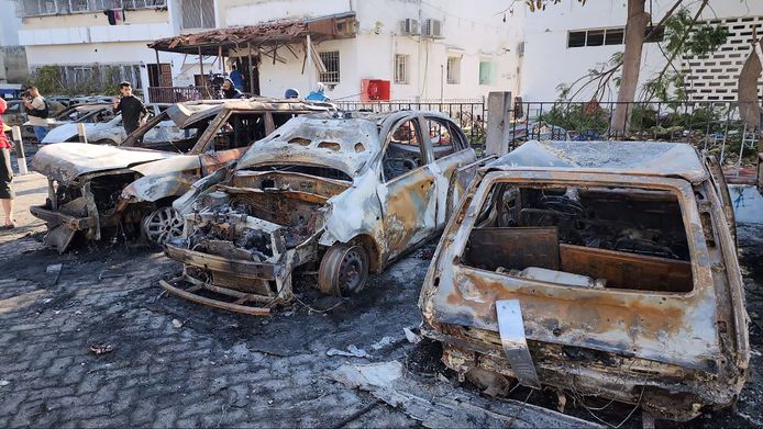 Cars burned at Al-Ahli Hospital in Gaza City.