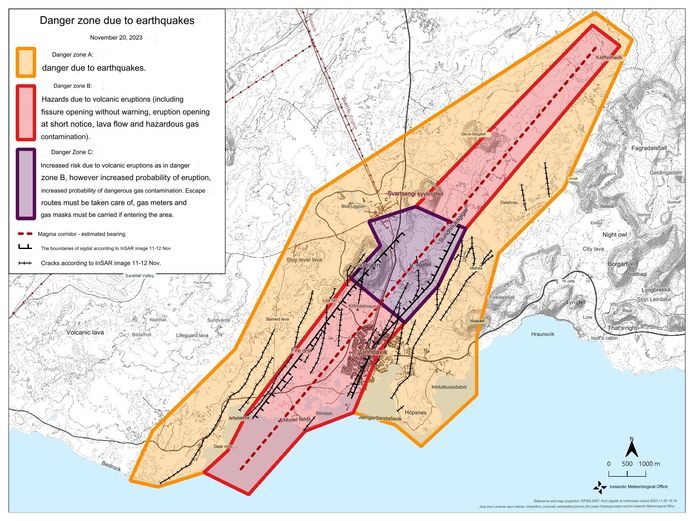 A comprehensive map of the area around Grindavík showing where the risk of an earthquake or volcanic eruption is greatest.  There is a high probability that if an eruption occurs, it will be in the purple part northeast of the city.