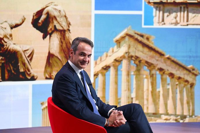 Greek Prime Minister Kyriakos Mitsotakis during an interview with 