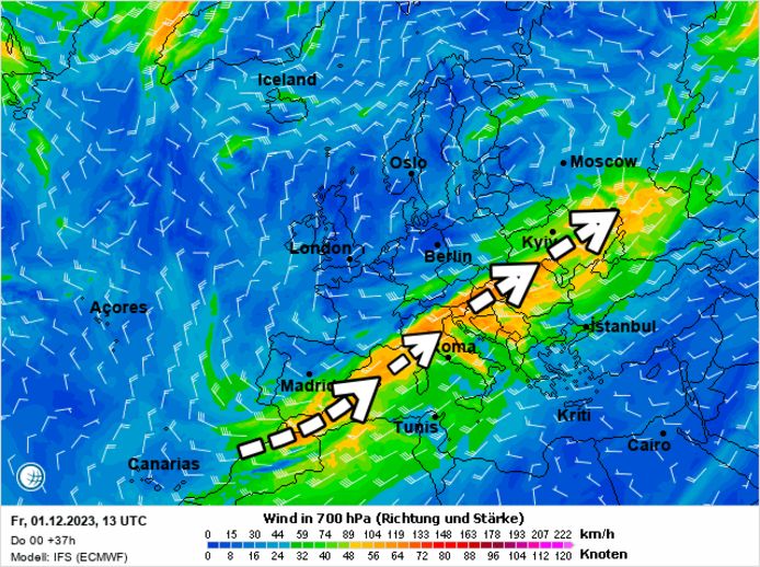 An atmospheric river focusing on northern Italy and the Balkans