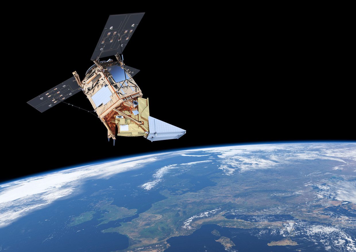 Illustration of the Sentinel-5p satellite carrying the Dutch instrument TROPOMI, which scans the atmosphere for gases important for climate and air quality.  Image by ESA/ATG