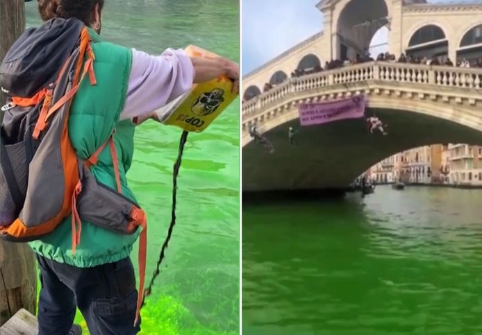 Climate activists paint the Venice Canal toxic green