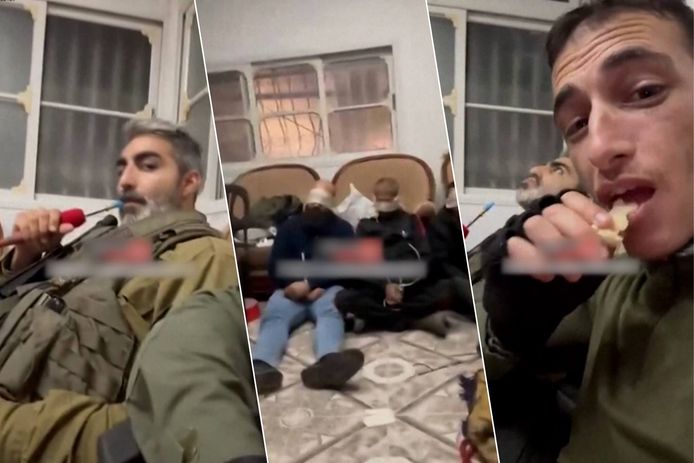 Israeli soldiers smoke and eat in front of blindfolded Palestinians