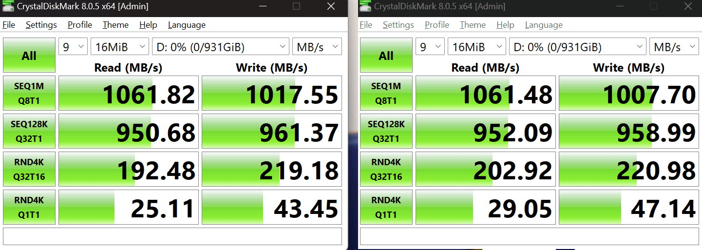 Screenshot of Crystaldiskmark comparison results showing sequential and random read/write speeds for two storage devices.