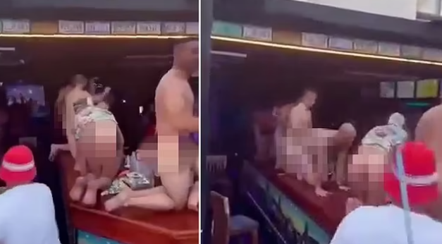 Naked British tourists playing locomotive on a bar (video)